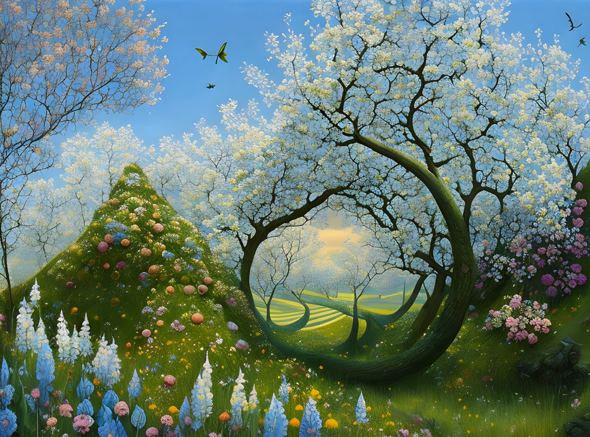 Blossoming trees and colorful flowers in vibrant spring landscape