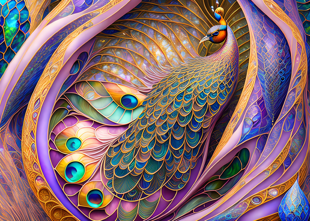 Colorful peacock illustration with elaborate feathers in blues, greens, and golds.
