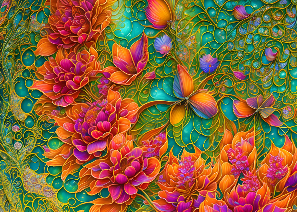 Colorful Artwork: Peacock Feathers, Flowers, Butterflies on Teal Background