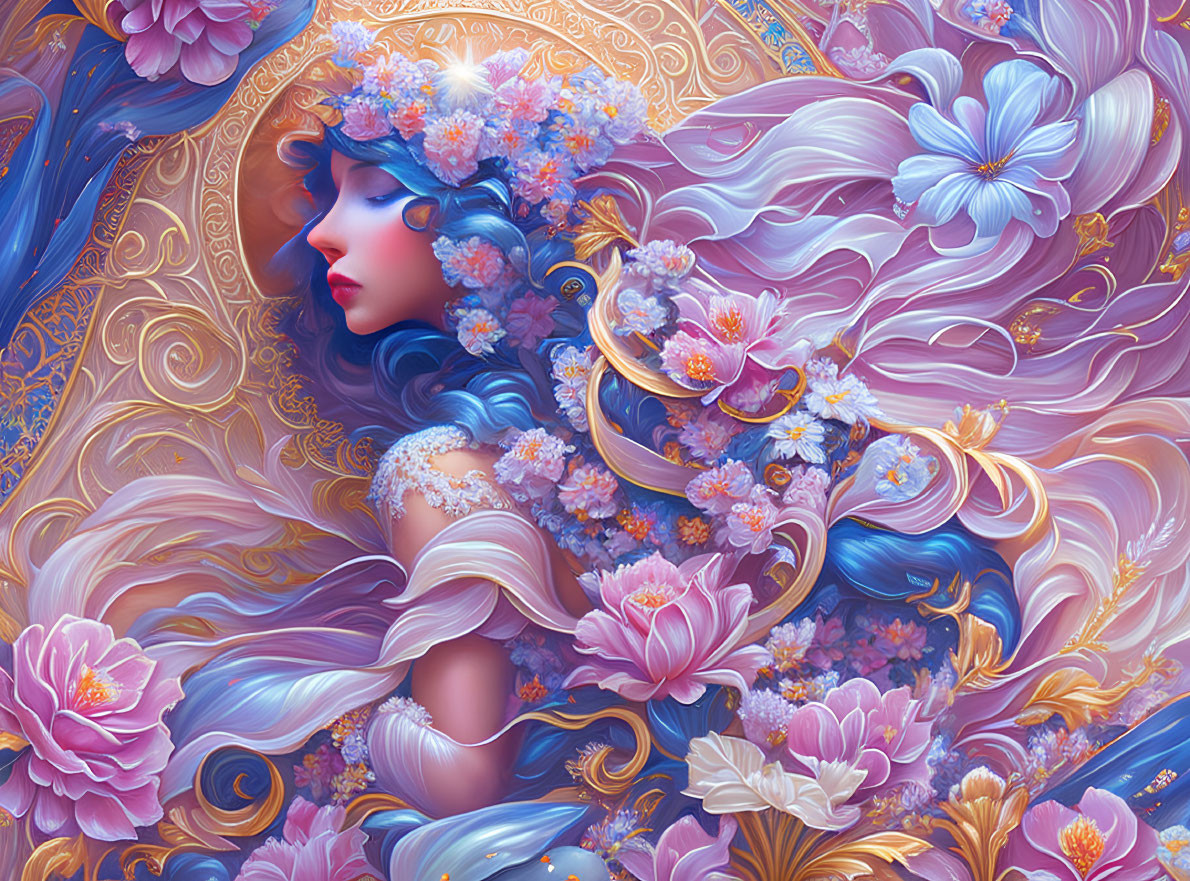 Ethereal woman with flower-adorned hair in golden and floral illustration