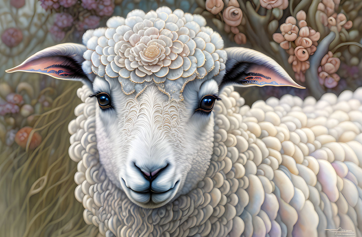 Detailed illustration: Sheep with floral patterns, expressive eyes, and intricate ear design