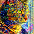 Colorful Kaleidoscopic Cat Artwork with Floral Patterns and Bokeh Background