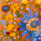 Colorful Floral Pattern with Orange, Blue, Yellow, and Pink Flowers