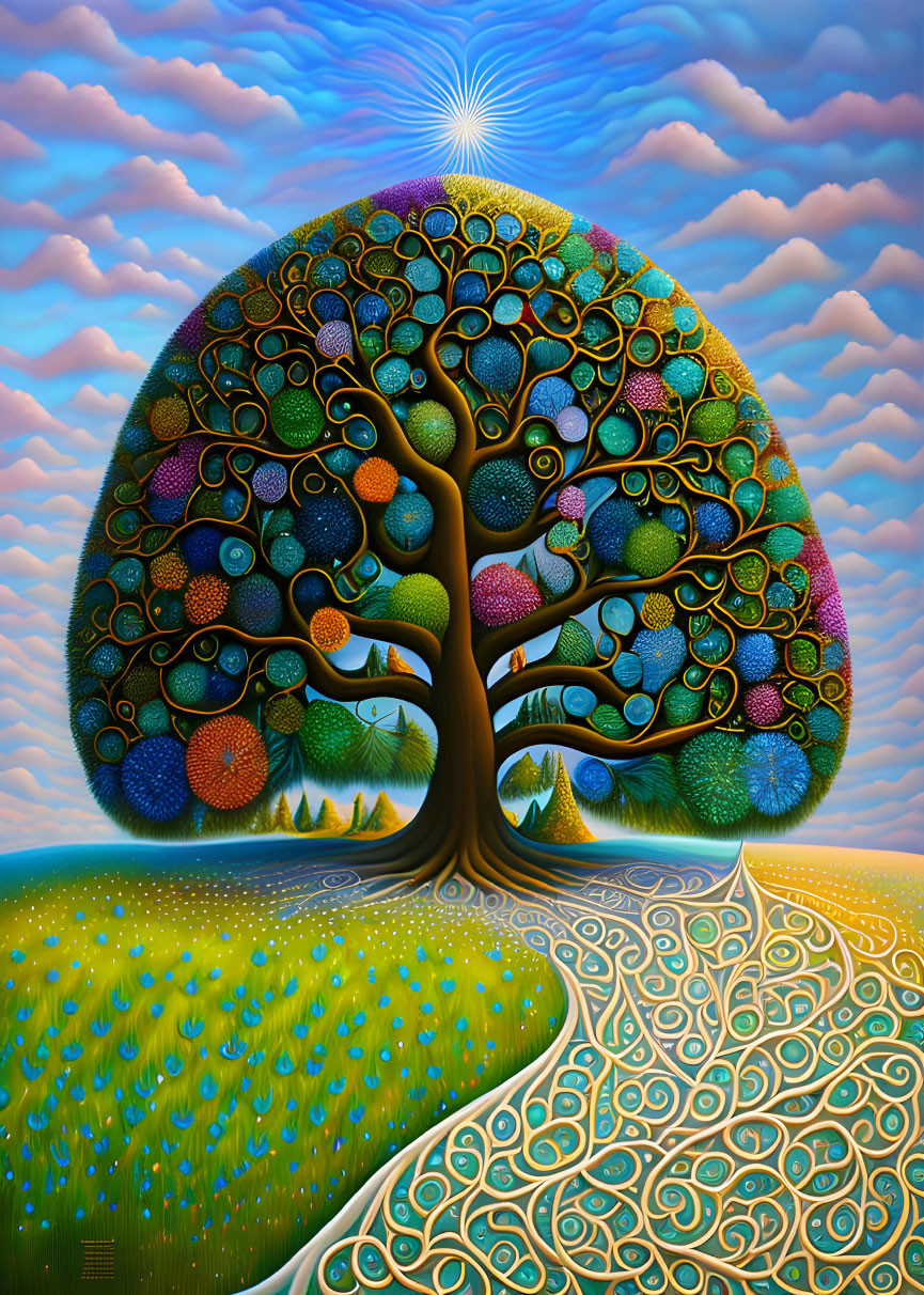 Vibrant tree painting with star, intricate branches, colorful foliage, swirl patterns, and whimsical