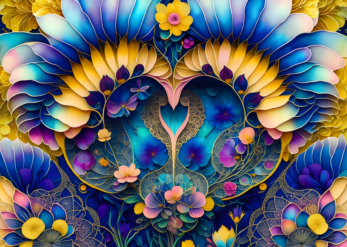 Symmetrical Peacock Motif Digital Art with Floral Patterns