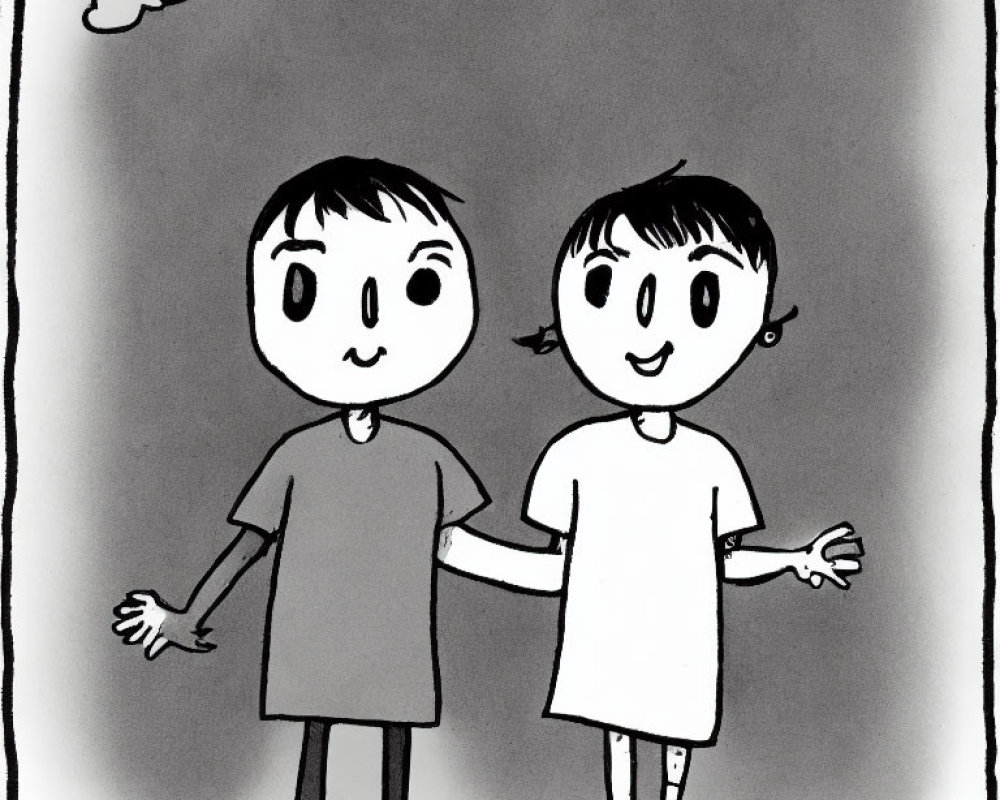 Cartoon boy and girl with cloud in black and white illustration