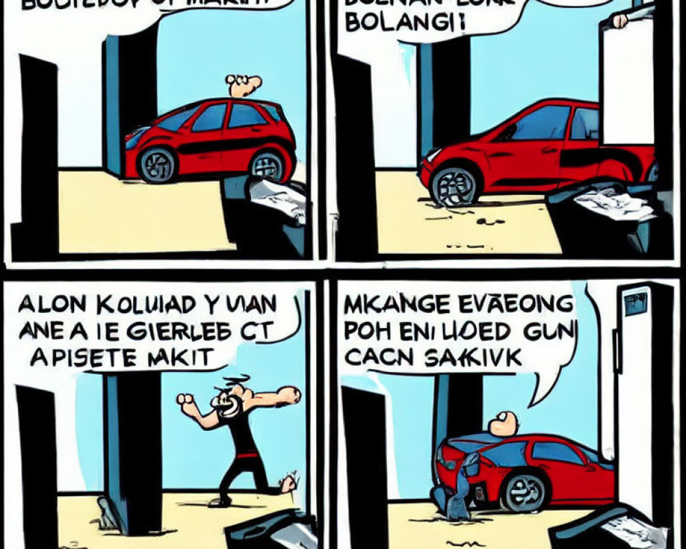 Four-panel comic strip: Red car stuck between walls with man's funny reactions