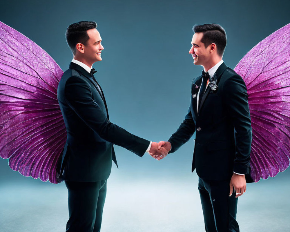 Two men in suits with pink angel wings shaking hands on blue background.