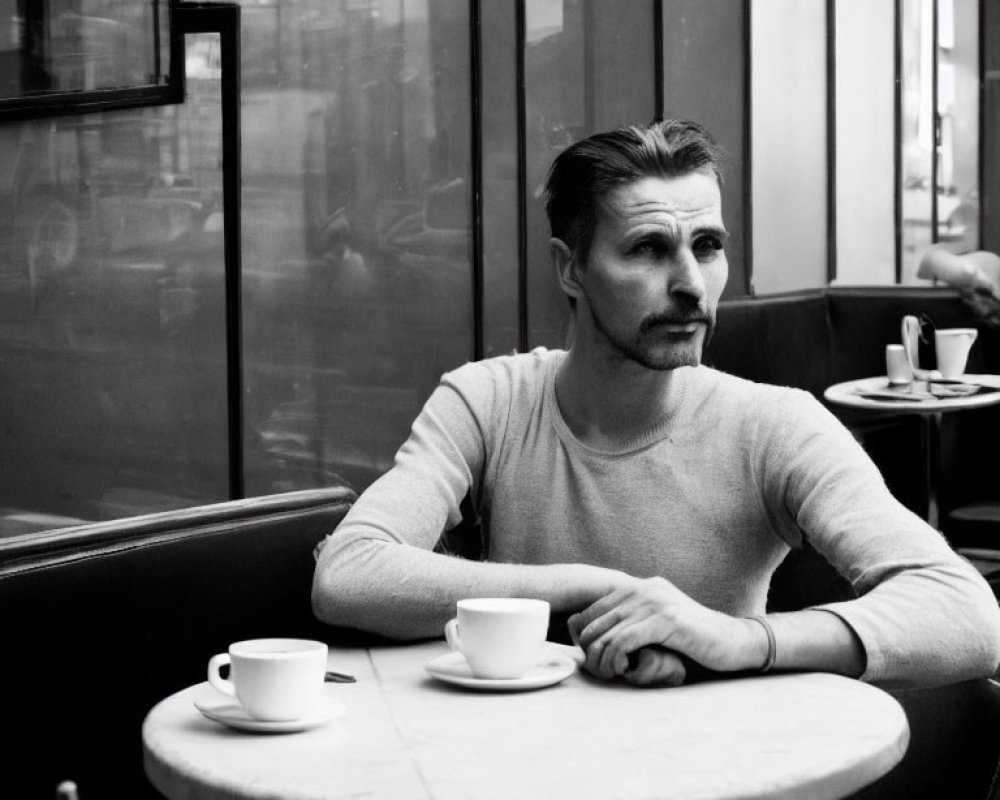 Man Sitting at Café Table with Two Coffee Cups in Black and White Photo