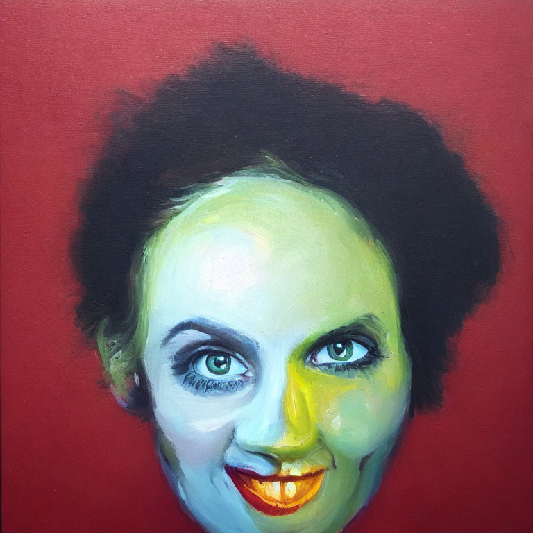 Stylized portrait of a person with green-tinted face and dark hair