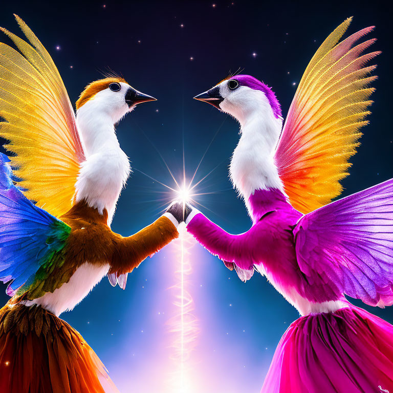 Colorful birds touching beaks under starry night sky