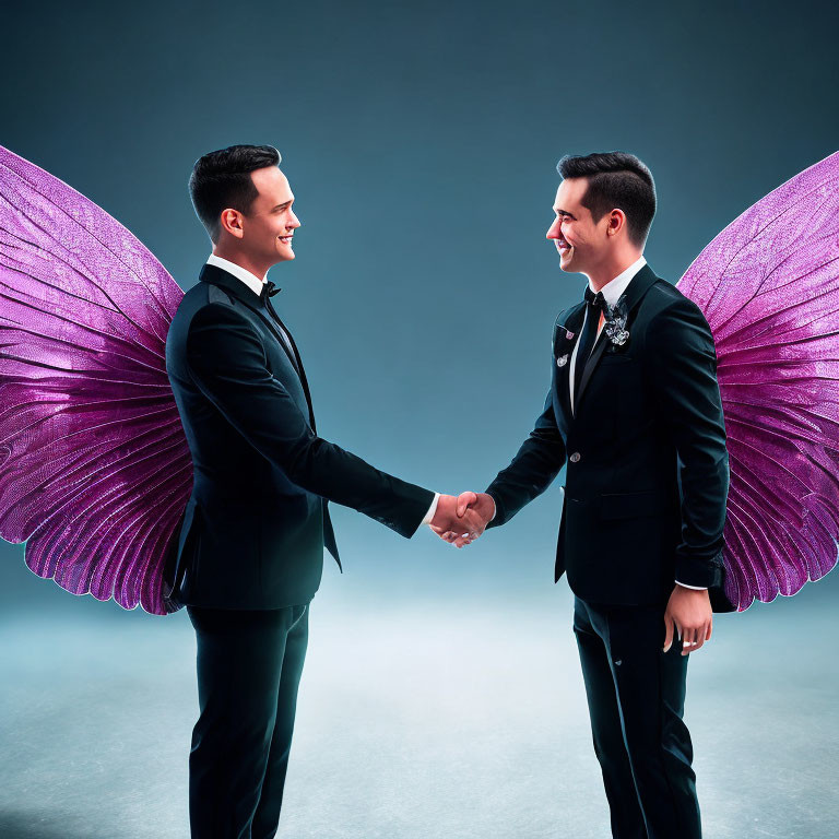 Two men in suits with pink angel wings shaking hands on blue background.