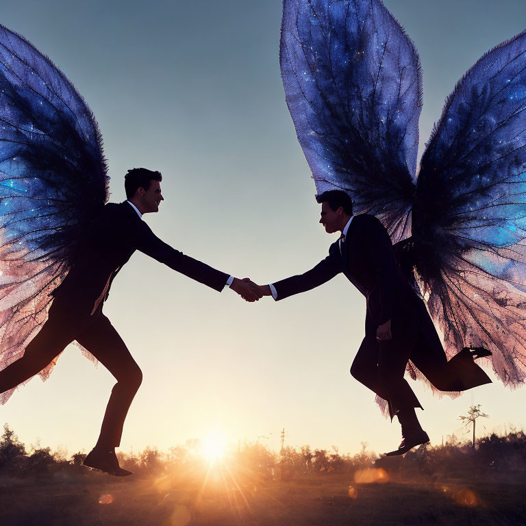 Two individuals with blue butterfly wings shaking hands at sunset.