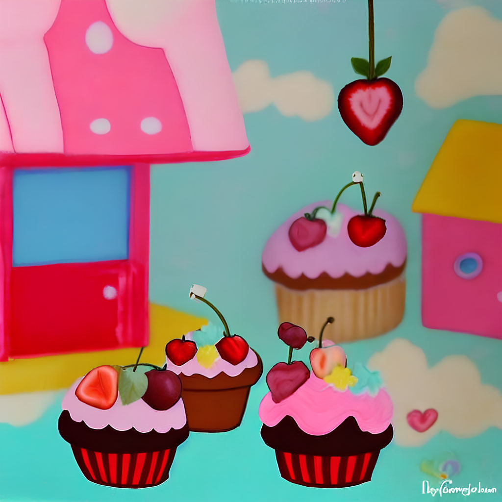 Whimsical Cupcake Illustration with Cherries and Strawberry House