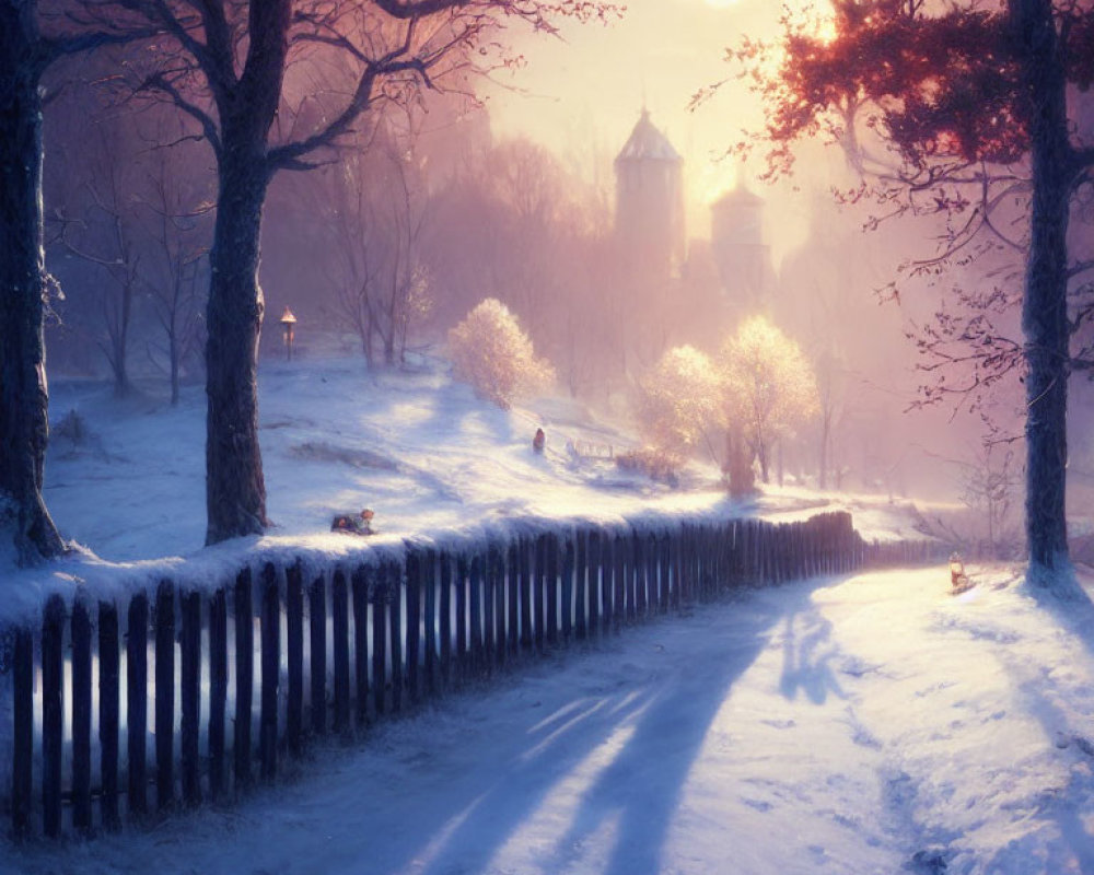Snow-covered winter sunrise with bare trees, wooden fence, and warm glow on distant building