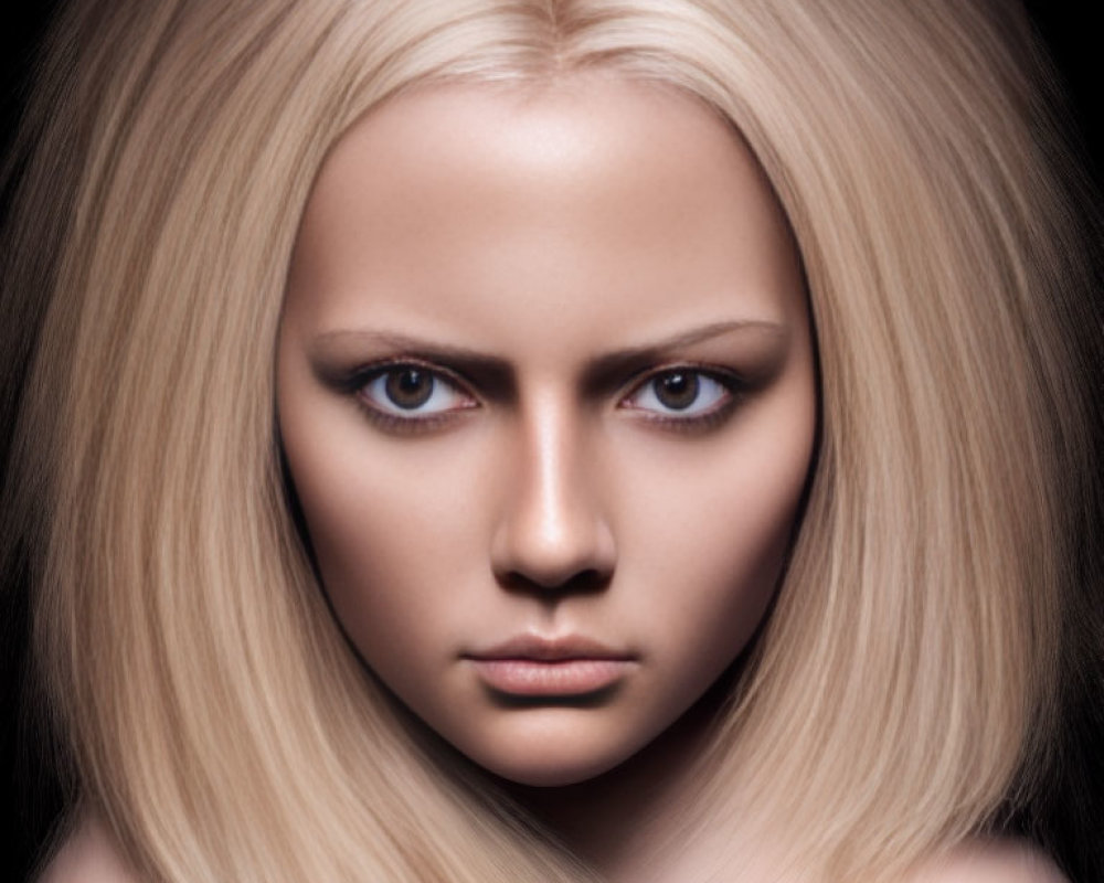 Portrait of woman with blue eyes and platinum blonde hair on black background