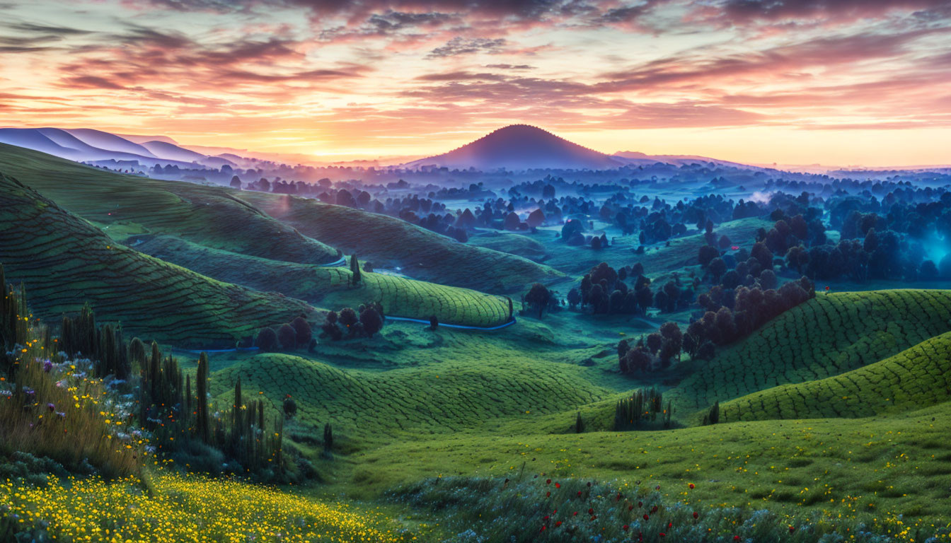 Green fields and wildflowers under vibrant sunrise and fog layers on rolling hills.