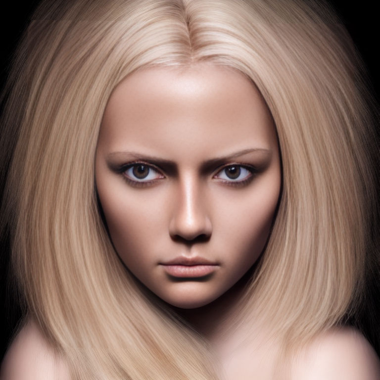 Portrait of woman with blue eyes and platinum blonde hair on black background