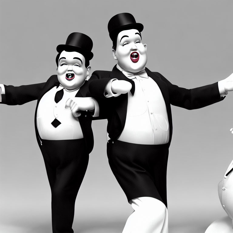 Vintage animated characters in black suits and top hats joyfully dancing