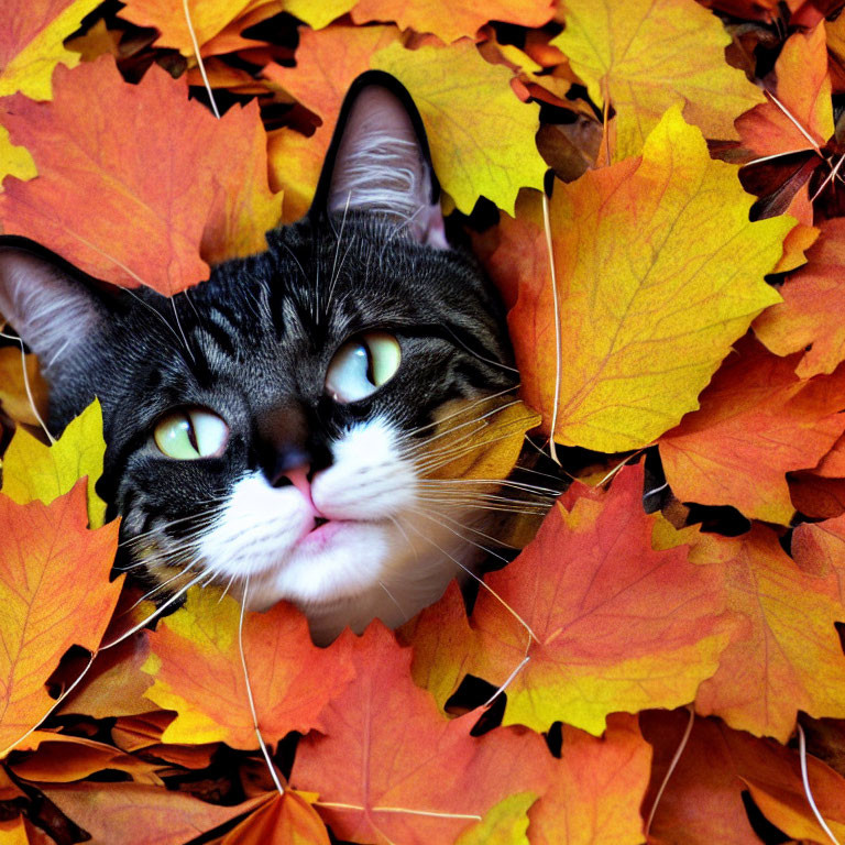 Tabby Cat with Green Eyes in Autumn Leaves