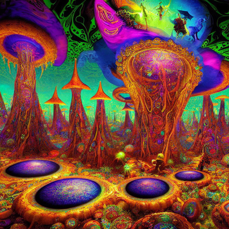 Colorful Psychedelic Forest with Oversized Mushrooms and Fantastical Flora