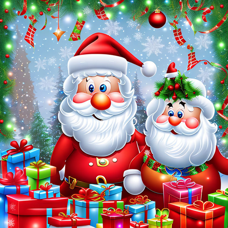 Santa Claus and Mrs. Claus with gifts in festive Christmas scene.