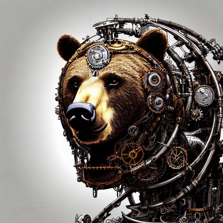 Realistic head transitions into intricate mechanical parts on a bear design