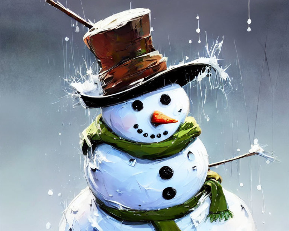 Snowman with carrot nose, top hat, green scarf, and stick arms in snowy scene.
