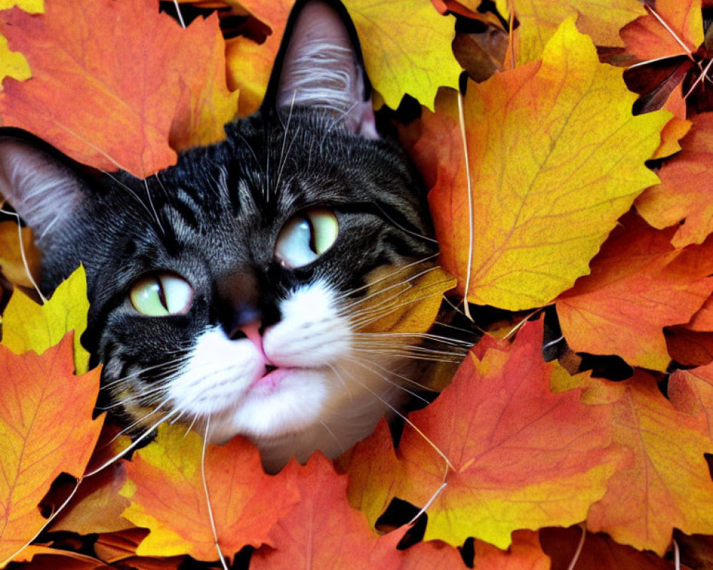 Tabby Cat with Green Eyes in Autumn Leaves