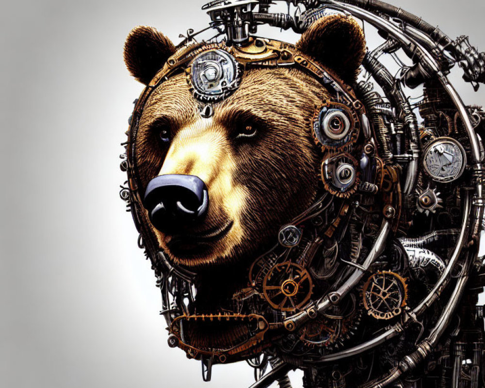 Realistic head transitions into intricate mechanical parts on a bear design