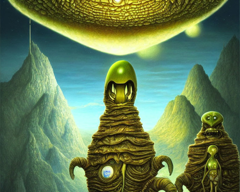 Alien figures with yellow eyes and blue orb under green sky & intricate planet patterns
