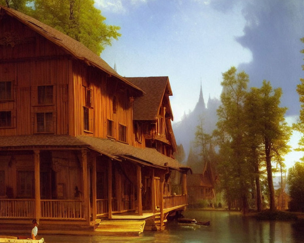 Rustic lakeside scene with wooden buildings, dock, lush trees, and distant castle.