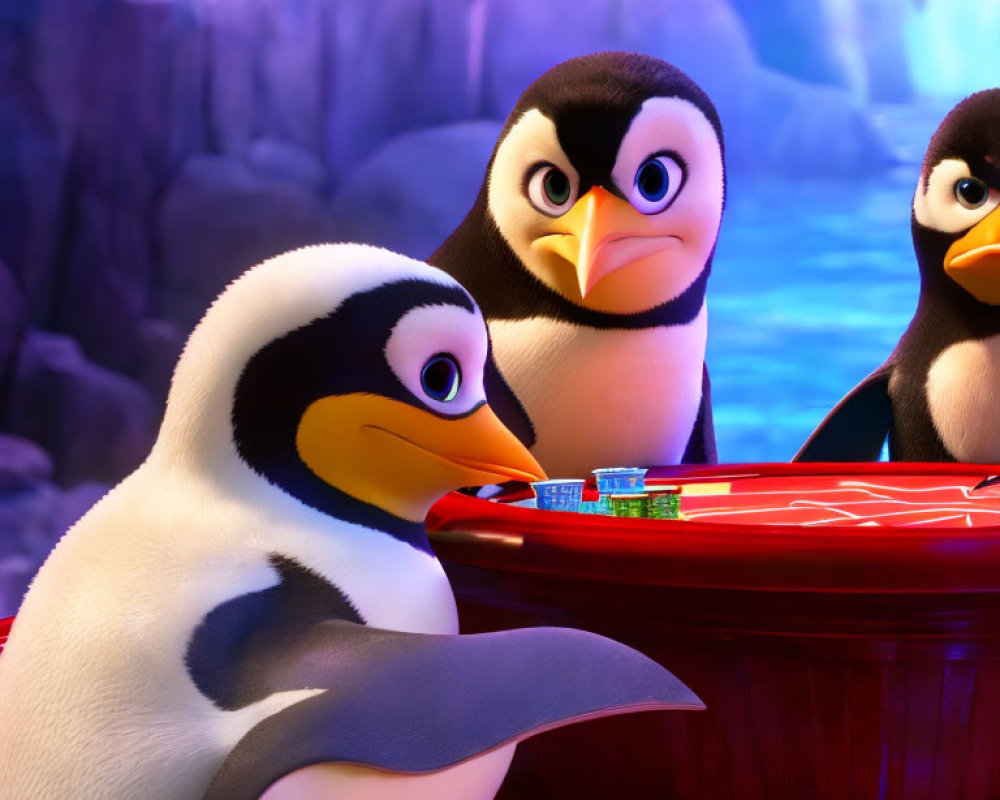 Animated penguins playing poker on icy background