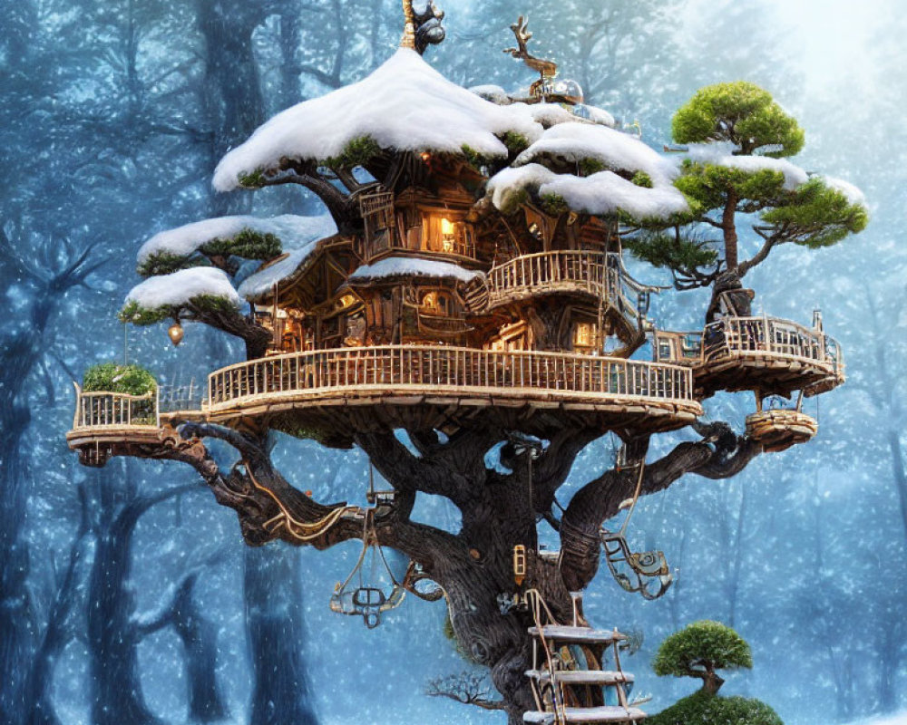 Snow-covered forest treehouse with bonsai trees and intricate wooden architecture