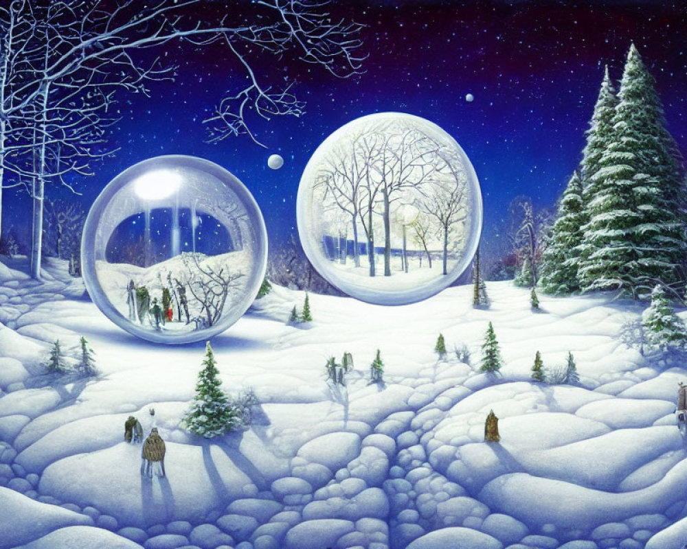 Snow-covered winter landscape with transparent spheres and roaming wolves