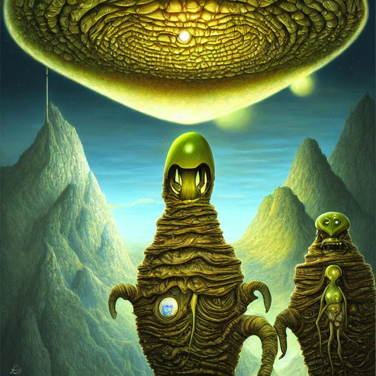 Alien figures with yellow eyes and blue orb under green sky & intricate planet patterns