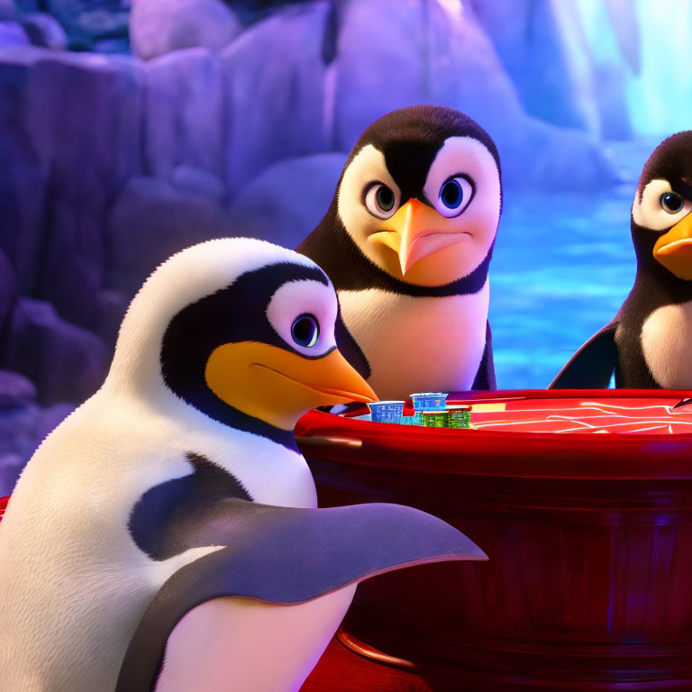 Animated penguins playing poker on icy background