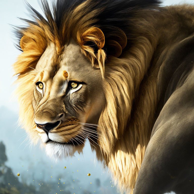 Realistic digital illustration of majestic lion with thick mane in regal pose
