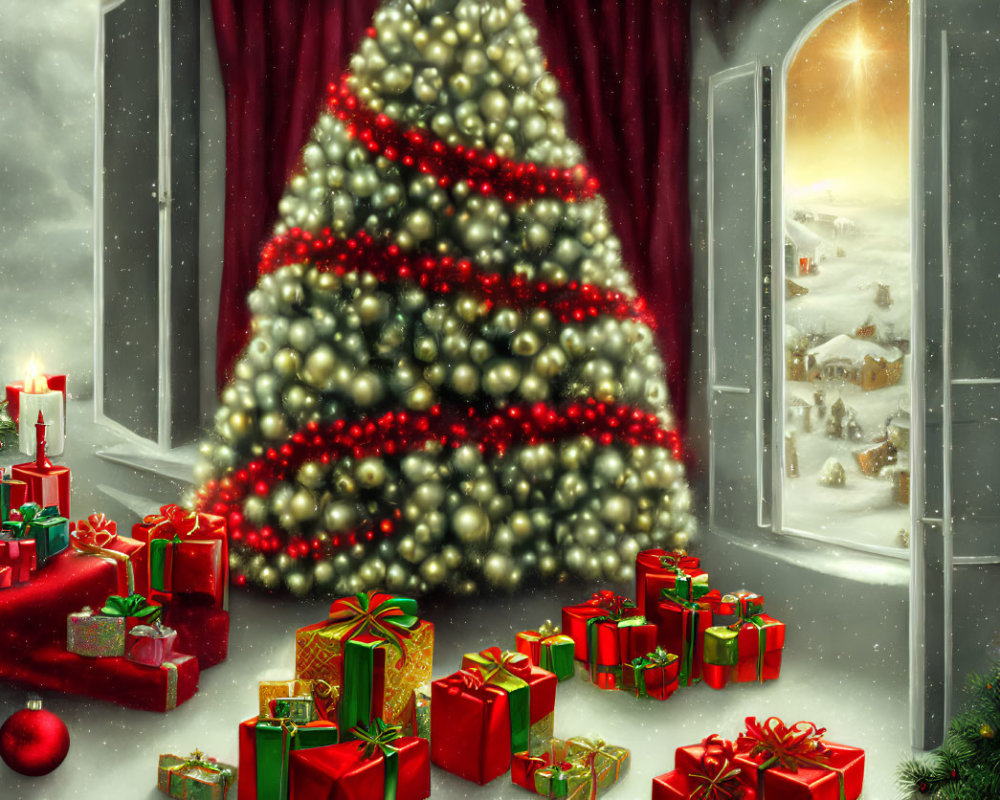 Festively decorated room with large lit Christmas tree and snowy landscape view