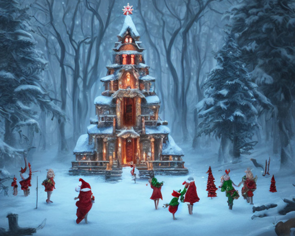 Lit-up Tree-shaped House in Snowy Christmas Forest with Dancing Figures