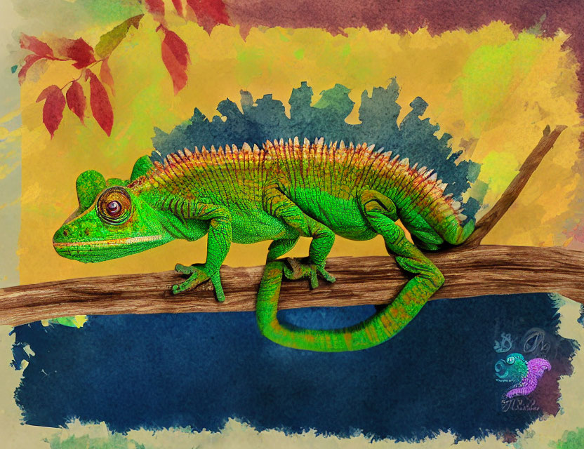 Vibrantly colored chameleon on textured branch against multicolored background