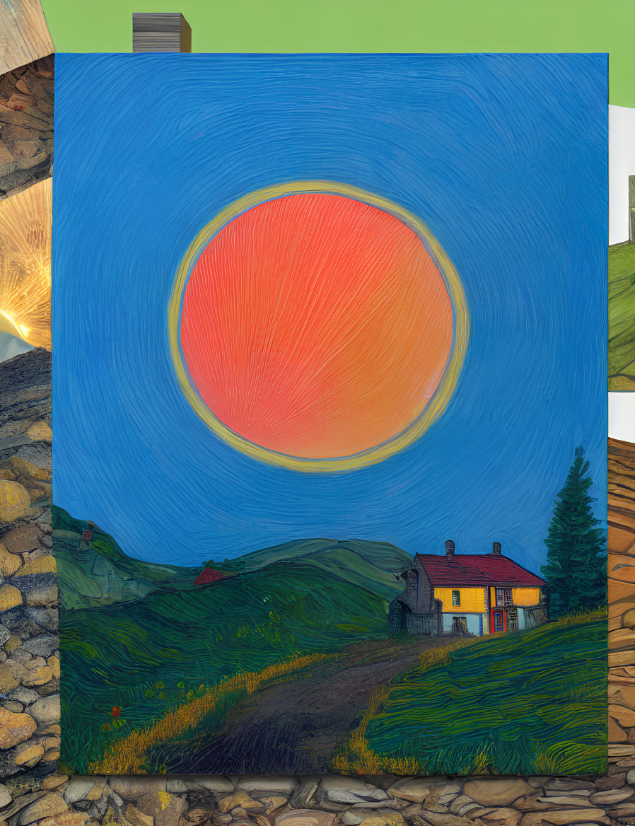 Stylized countryside painting with radiant sun and colorful house