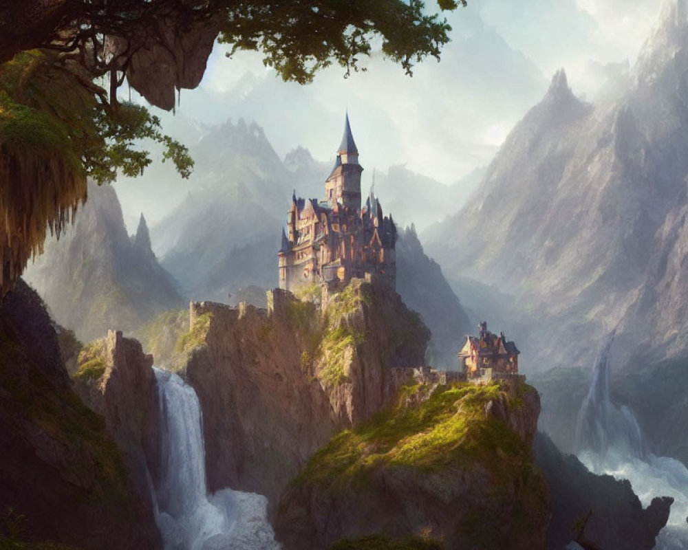 Majestic castle on cliff with waterfalls in misty landscape