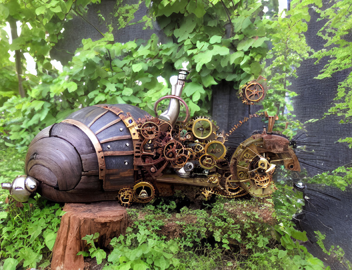 Steampunk-style Mechanical Snail Sculpture with Gears in Natural Setting