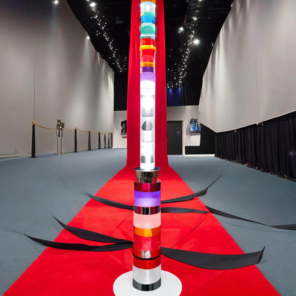 Colorful cylindrical sculpture on red carpet in dimly-lit exhibition hall