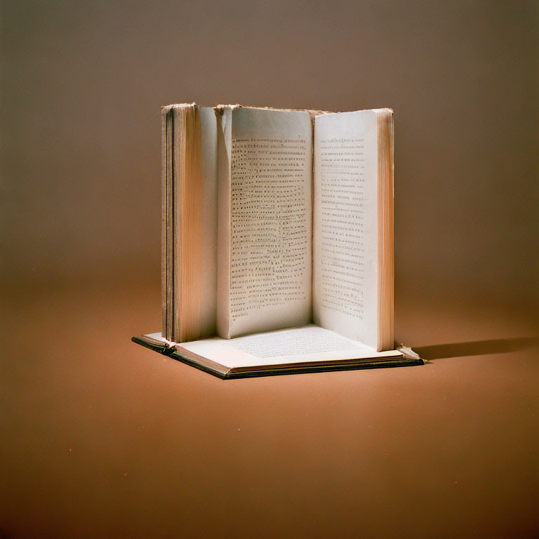 Open book with tattered pages on plain background under warm light