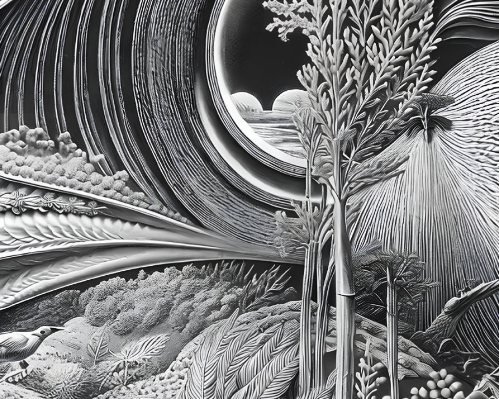 Surreal monochromatic landscape with wave patterns and cosmic elements