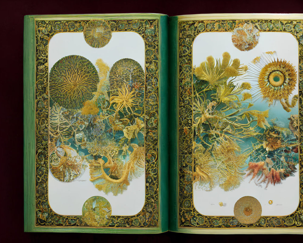 Intricate Marine Life Illustrations on Ornate Open Book