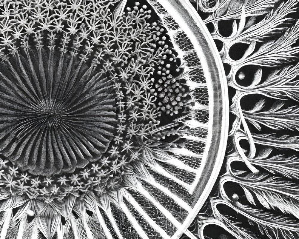 Detailed Black and White Mandala with Feathers, Beads, and Floral Patterns