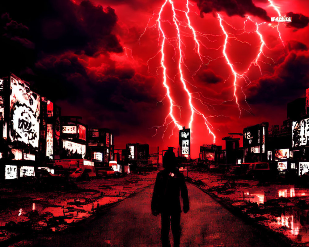 Person in neon-lit city under stormy sky with red lightning bolt